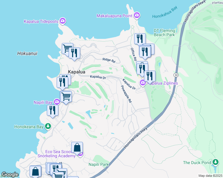 map of restaurants, bars, coffee shops, grocery stores, and more near 500 Kapalua Drive in Lahaina