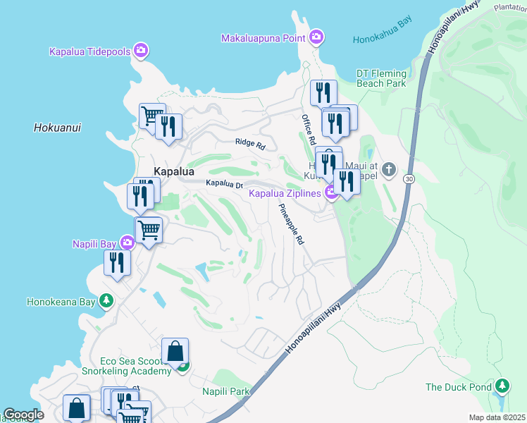 map of restaurants, bars, coffee shops, grocery stores, and more near 500 Kapalua Drive in Lahaina
