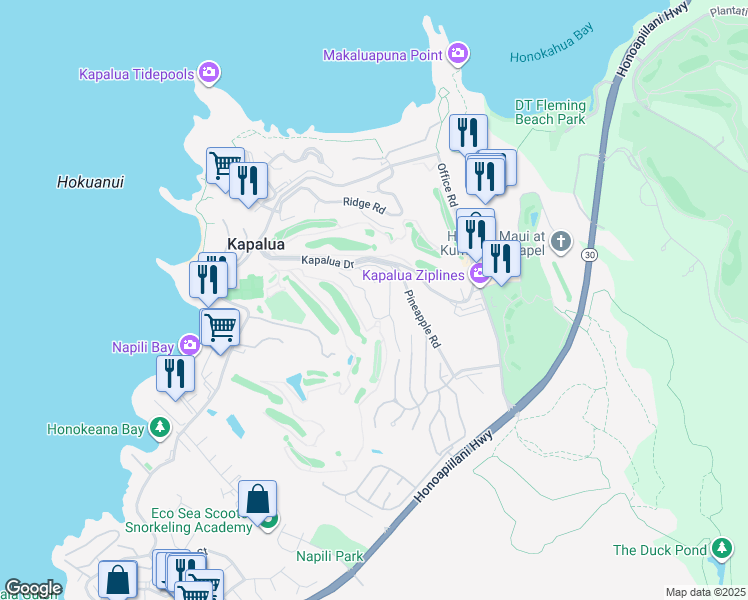 map of restaurants, bars, coffee shops, grocery stores, and more near 500 Kapalua Drive in Lahaina