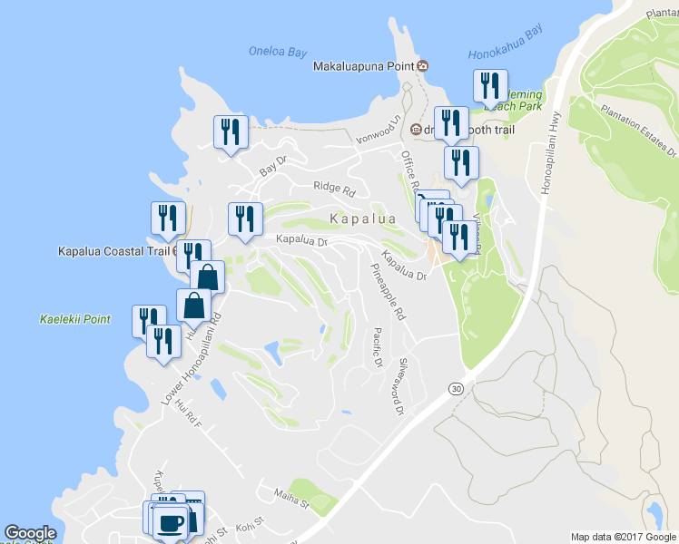 map of restaurants, bars, coffee shops, grocery stores, and more near 500 Kapalua Drive in Lahaina