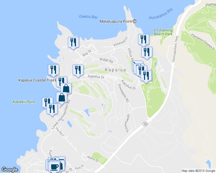 map of restaurants, bars, coffee shops, grocery stores, and more near 500 Kapalua Drive in Lahaina
