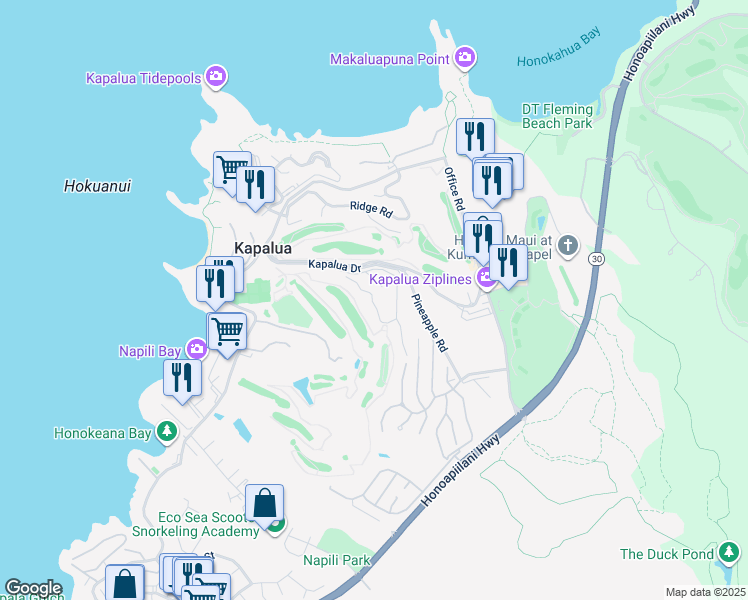 map of restaurants, bars, coffee shops, grocery stores, and more near 500 Kapalua Drive in Lahaina