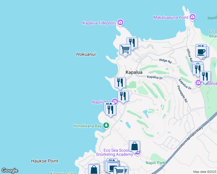 map of restaurants, bars, coffee shops, grocery stores, and more near 49 Kapalua Place in Lahaina
