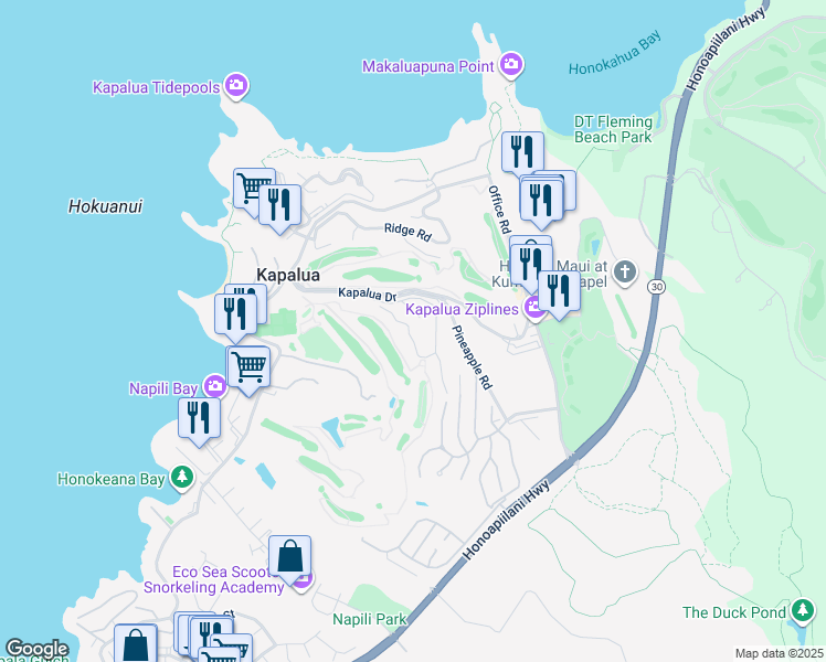 map of restaurants, bars, coffee shops, grocery stores, and more near 500 Kapalua Drive in Lahaina