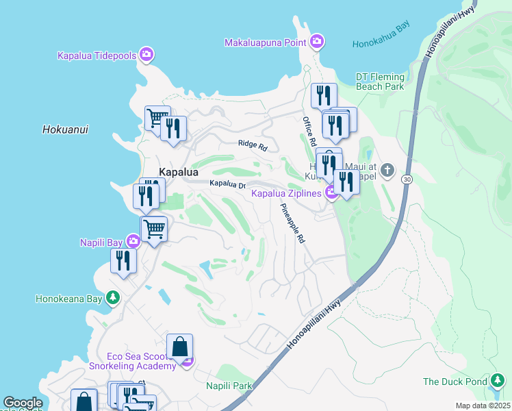 map of restaurants, bars, coffee shops, grocery stores, and more near 500 Kapalua Drive in Lahaina