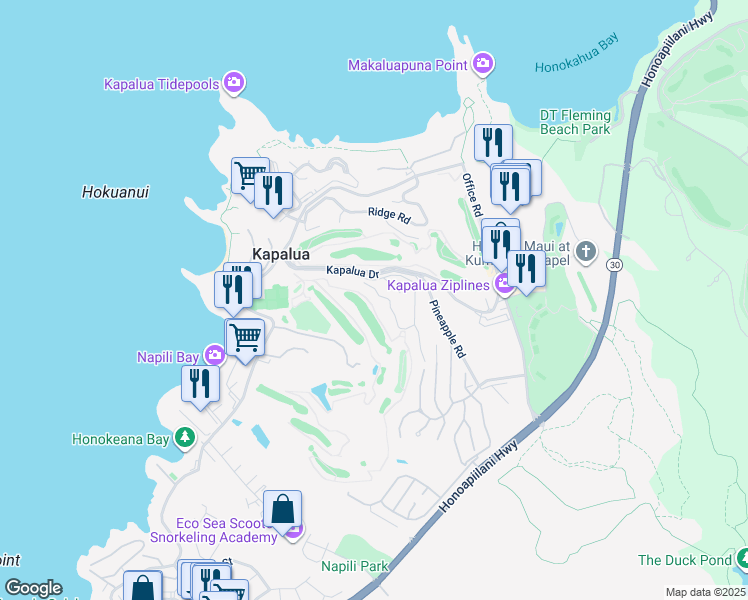map of restaurants, bars, coffee shops, grocery stores, and more near 500 Kapalua Drive in Lahaina