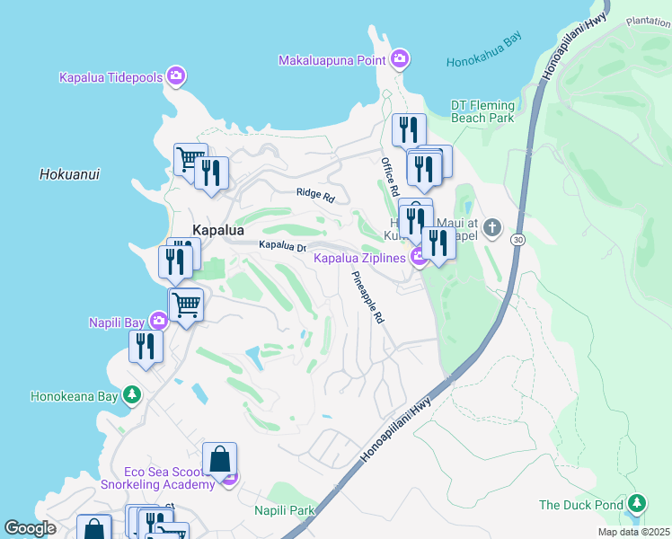 map of restaurants, bars, coffee shops, grocery stores, and more near 500 Kapalua Drive in Lahaina