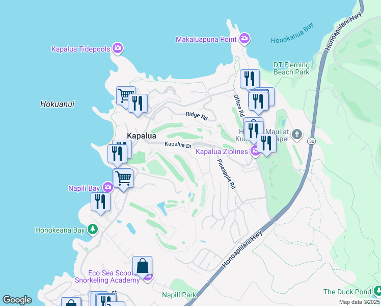 map of restaurants, bars, coffee shops, grocery stores, and more near 500 Kapalua Drive in Lahaina