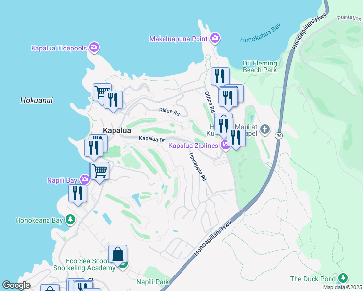 map of restaurants, bars, coffee shops, grocery stores, and more near 500 Kapalua Drive in Lahaina