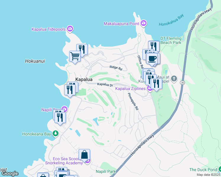map of restaurants, bars, coffee shops, grocery stores, and more near 500 Kapalua Drive in Lahaina