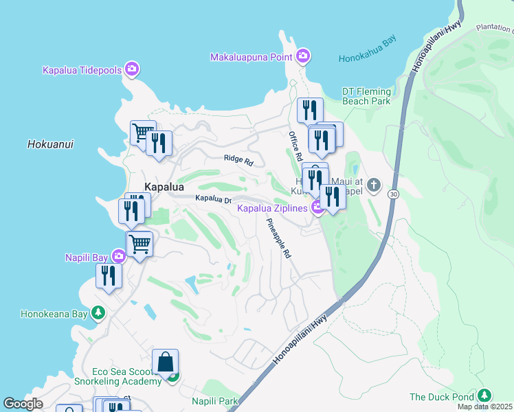 map of restaurants, bars, coffee shops, grocery stores, and more near 500 Kapalua Drive in Lahaina