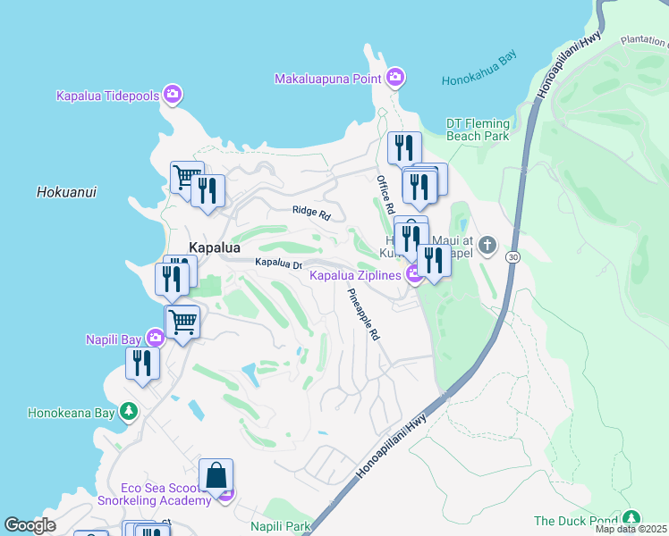map of restaurants, bars, coffee shops, grocery stores, and more near 500 Kapalua Drive in Lahaina