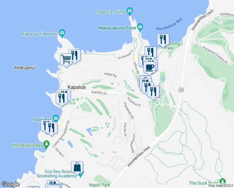 map of restaurants, bars, coffee shops, grocery stores, and more near 500 Kapalua Drive in Lahaina
