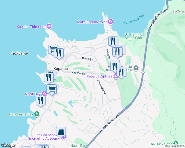 map of restaurants, bars, coffee shops, grocery stores, and more near 500 Kapalua Drive in Lahaina