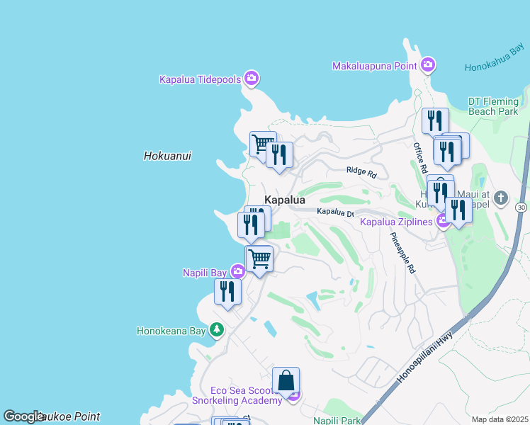map of restaurants, bars, coffee shops, grocery stores, and more near 24 Coconut Grove Lane in Lahaina
