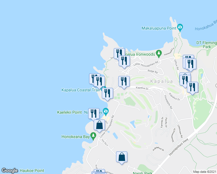 map of restaurants, bars, coffee shops, grocery stores, and more near 22 Coconut Grove Lane in Lahaina