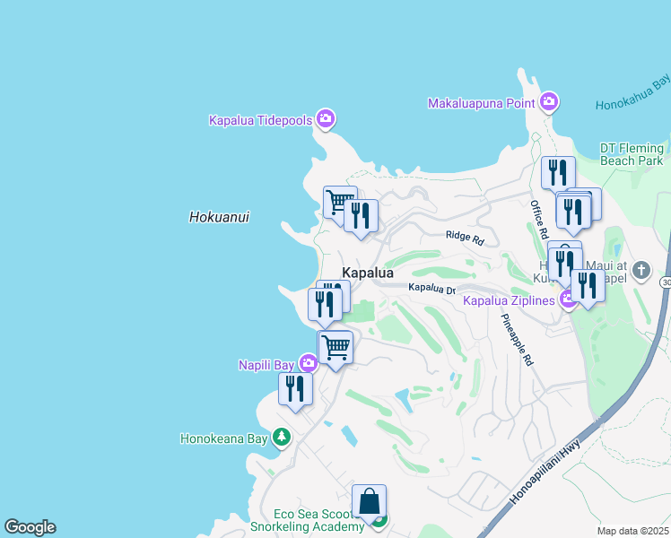 map of restaurants, bars, coffee shops, grocery stores, and more near 30 Coconut Grove Lane in Lahaina