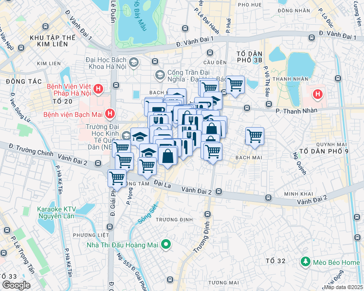 map of restaurants, bars, coffee shops, grocery stores, and more near K6B-Bach Khoa in Hanoi