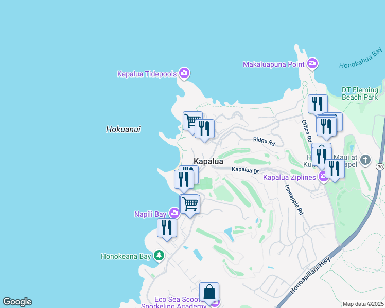 map of restaurants, bars, coffee shops, grocery stores, and more near 33 Coconut Grove Lane in Lahaina
