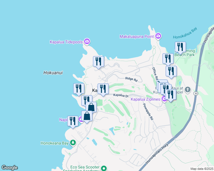 map of restaurants, bars, coffee shops, grocery stores, and more near in Kapalua