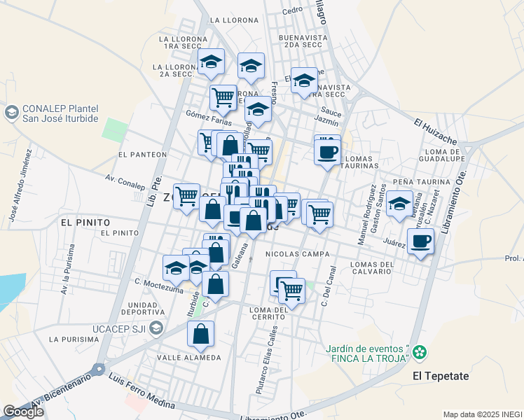 map of restaurants, bars, coffee shops, grocery stores, and more near 12 Plaza Principal in San José Iturbide