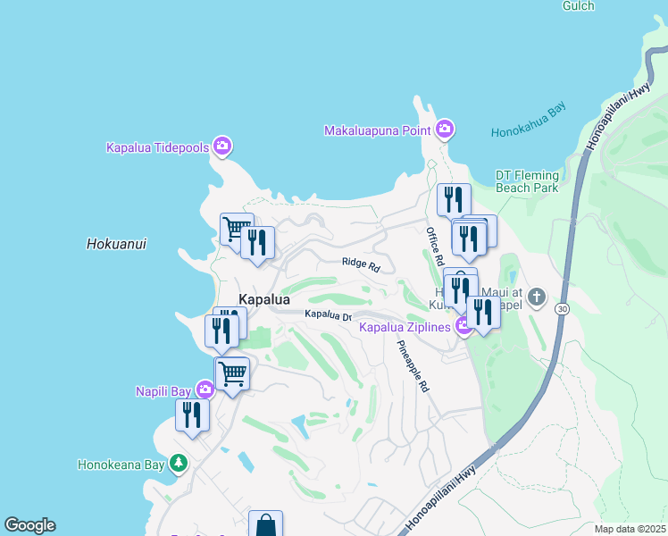 map of restaurants, bars, coffee shops, grocery stores, and more near 100 Ridge Road in Lahaina