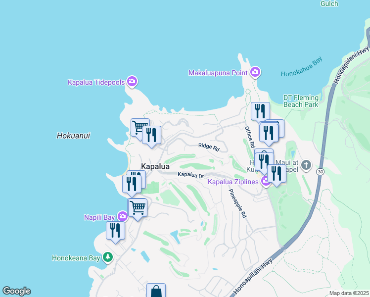map of restaurants, bars, coffee shops, grocery stores, and more near 100 Ridge Road in Lahaina