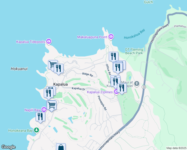 map of restaurants, bars, coffee shops, grocery stores, and more near 100 Ridge Road in Lahaina