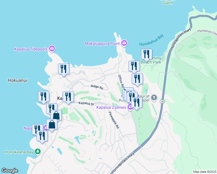 map of restaurants, bars, coffee shops, grocery stores, and more near 100 Ridge Road in Lahaina
