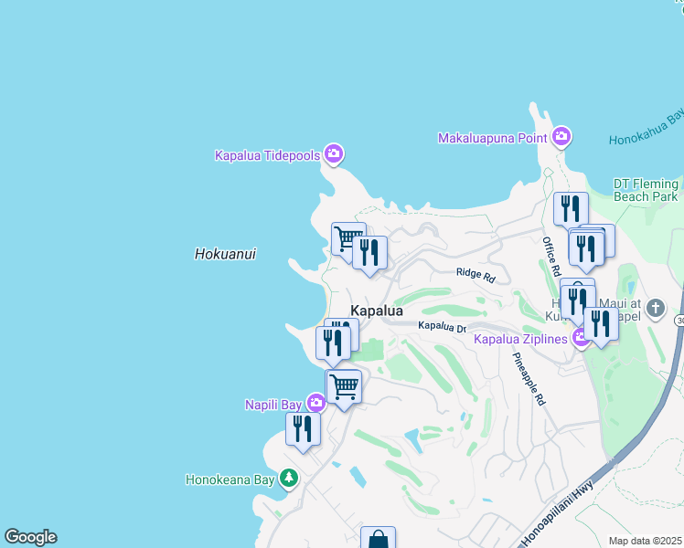 map of restaurants, bars, coffee shops, grocery stores, and more near 1 Bay Drive in Lahaina