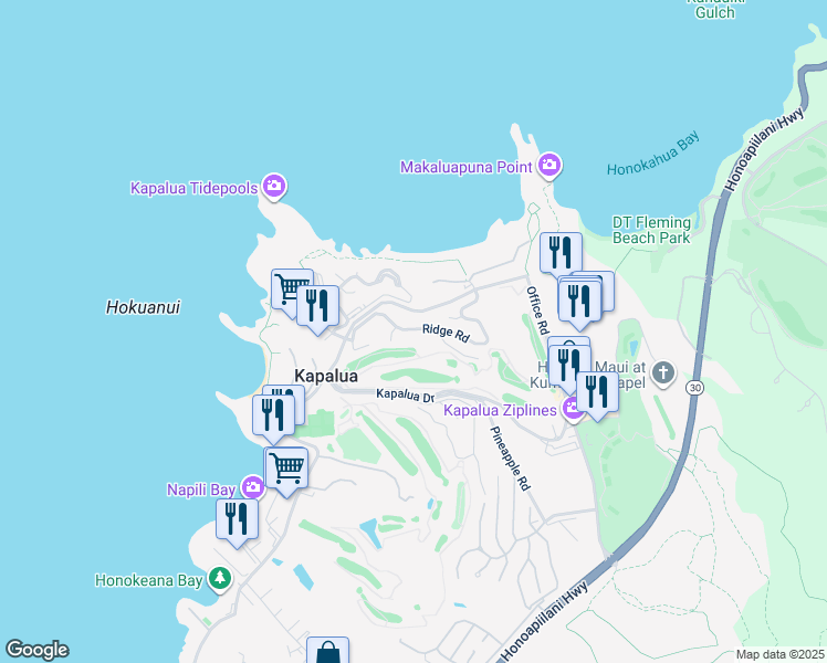 map of restaurants, bars, coffee shops, grocery stores, and more near 100 Ridge Road in Lahaina