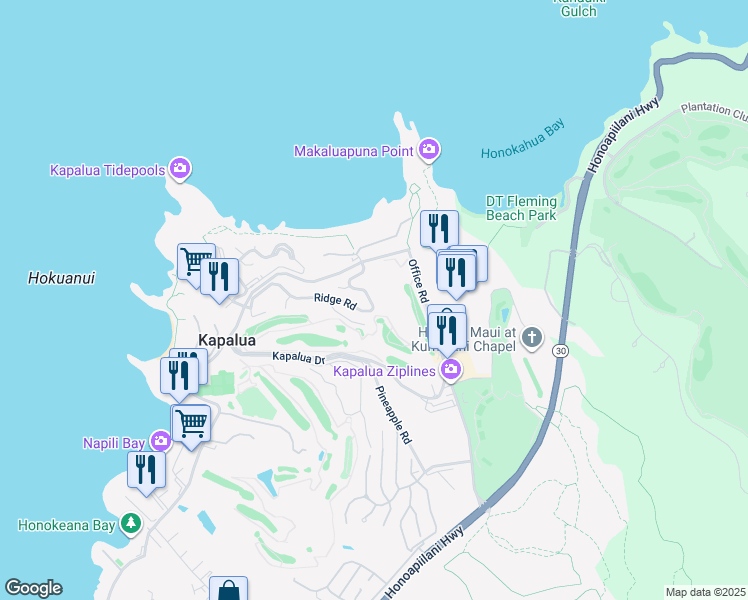 map of restaurants, bars, coffee shops, grocery stores, and more near 100 Ridge Road in Lahaina