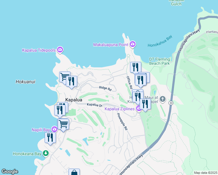 map of restaurants, bars, coffee shops, grocery stores, and more near 100 Ridge Road in Lahaina