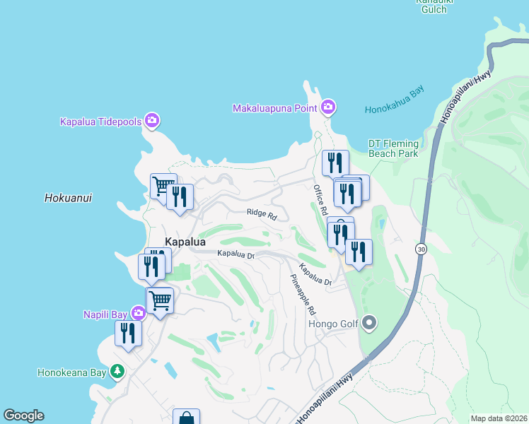 map of restaurants, bars, coffee shops, grocery stores, and more near 100 Ridge Road in Lahaina