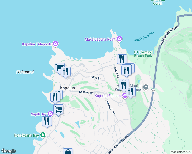 map of restaurants, bars, coffee shops, grocery stores, and more near 100 Ridge Road in Lahaina