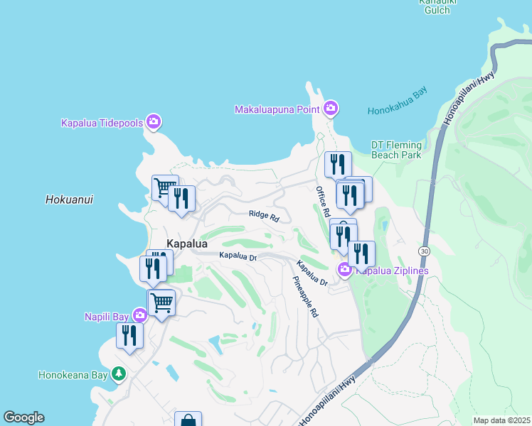 map of restaurants, bars, coffee shops, grocery stores, and more near 100 Ridge Road in Lahaina