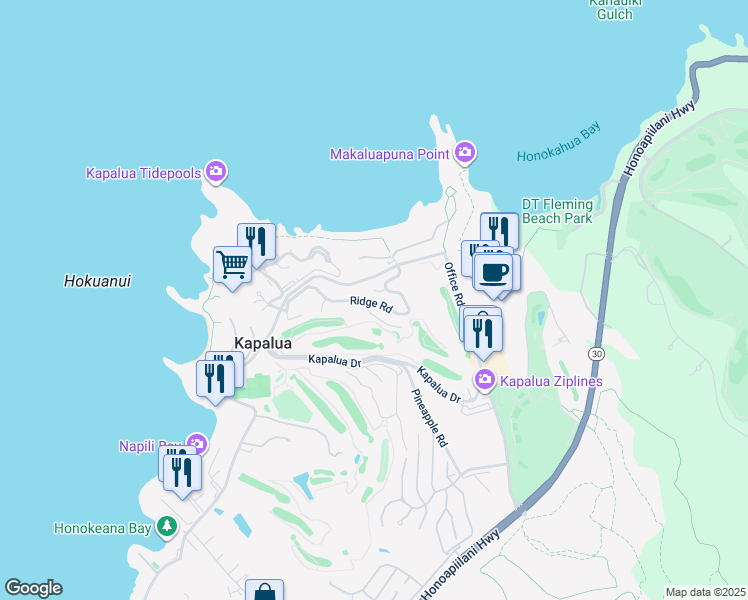map of restaurants, bars, coffee shops, grocery stores, and more near 100 Ridge Road in Lahaina