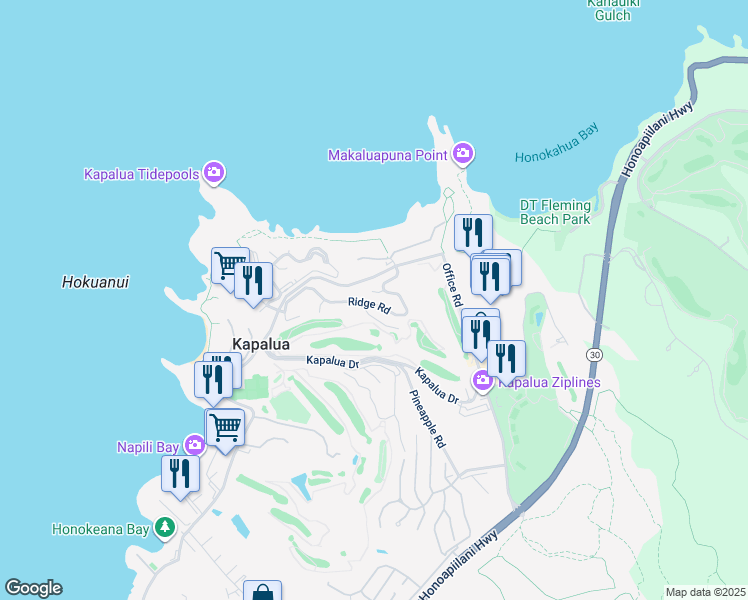 map of restaurants, bars, coffee shops, grocery stores, and more near 100 Ridge Road in Lahaina