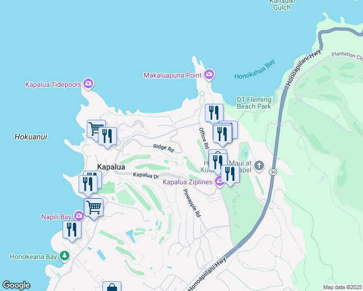 map of restaurants, bars, coffee shops, grocery stores, and more near 100 Ridge Road in Lahaina
