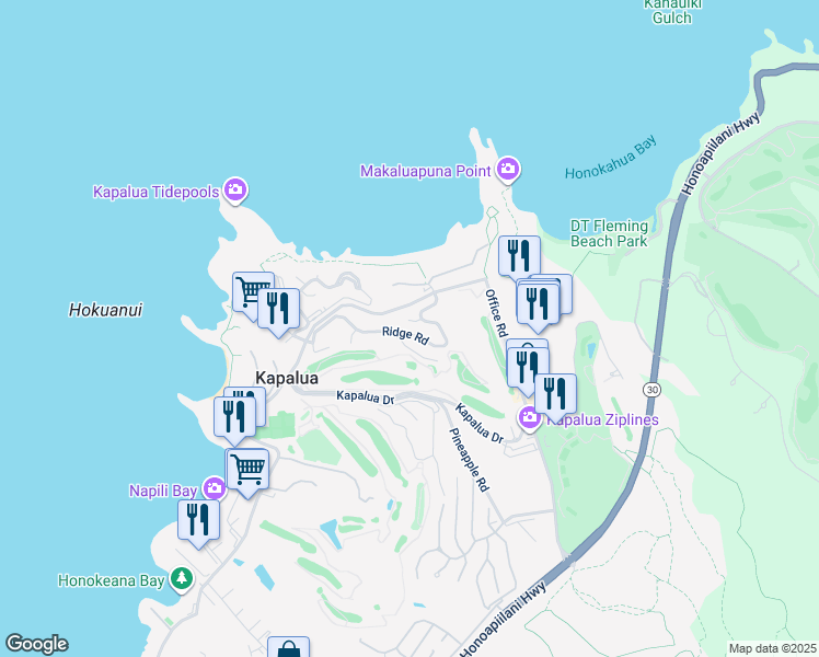 map of restaurants, bars, coffee shops, grocery stores, and more near 100 Ridge Road in Lahaina