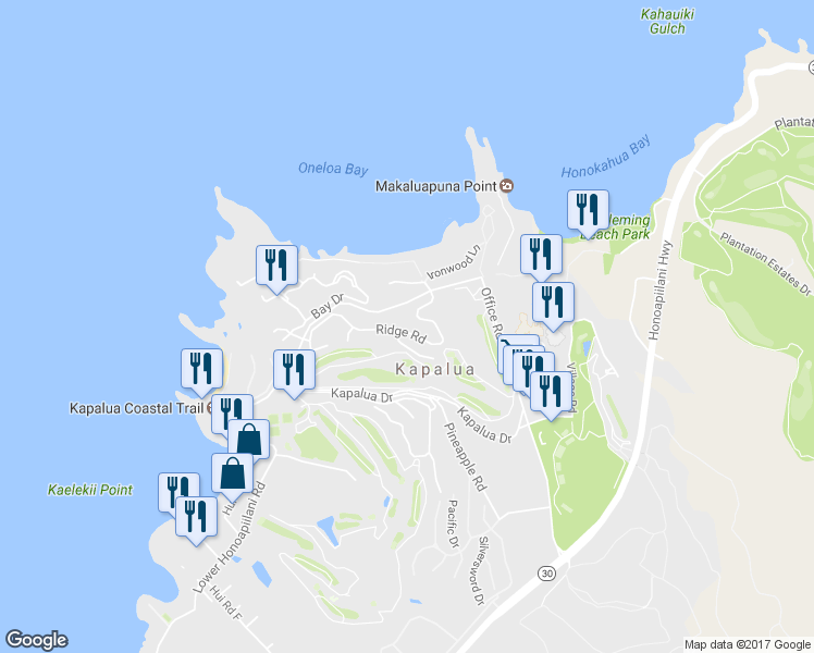 map of restaurants, bars, coffee shops, grocery stores, and more near 100 Ridge Road in Lahaina