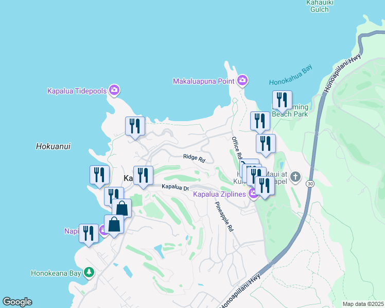 map of restaurants, bars, coffee shops, grocery stores, and more near 100 Ridge Road in Lahaina