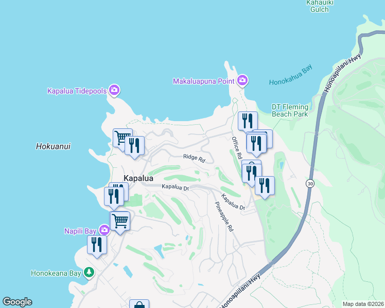 map of restaurants, bars, coffee shops, grocery stores, and more near 100 Ridge Road in Lahaina