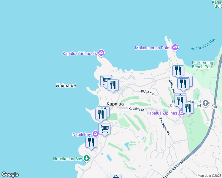 map of restaurants, bars, coffee shops, grocery stores, and more near 100 Bay Drive in Lahaina