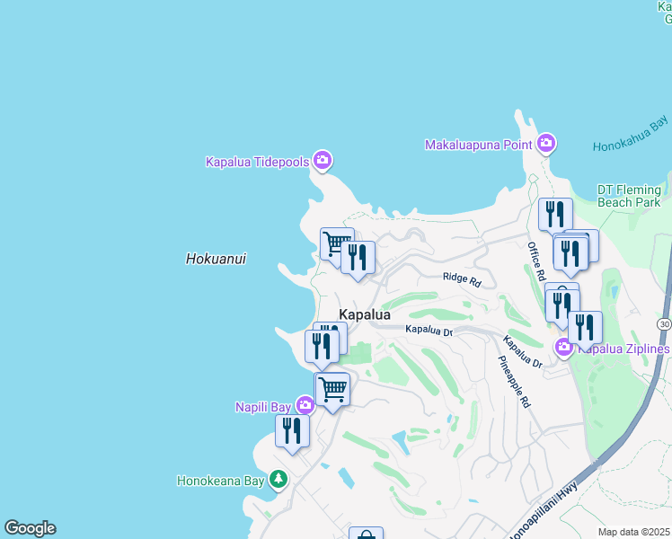 map of restaurants, bars, coffee shops, grocery stores, and more near 1 Bay Drive in Lahaina