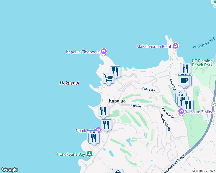 map of restaurants, bars, coffee shops, grocery stores, and more near 1 Bay Drive in Lahaina