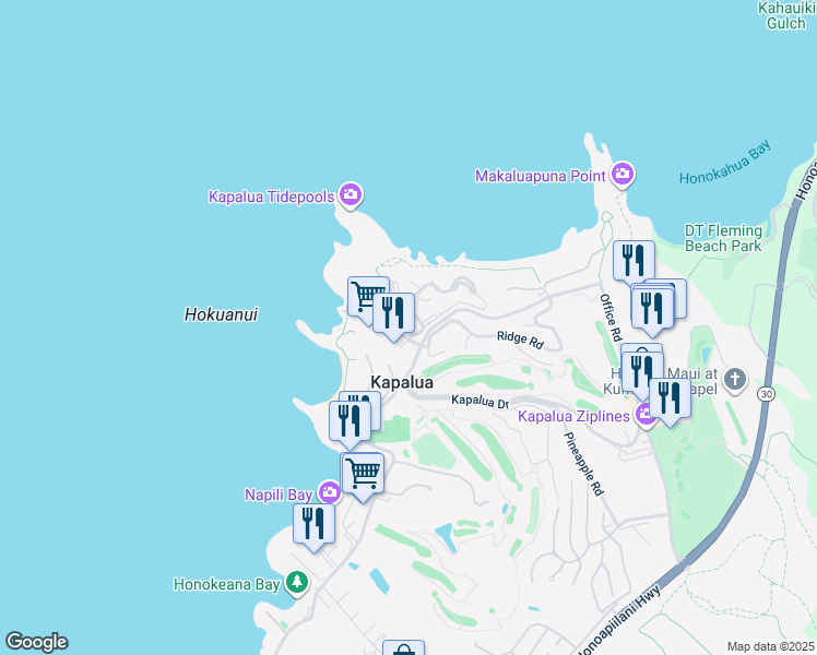 map of restaurants, bars, coffee shops, grocery stores, and more near 100 Bay Drive in Lahaina