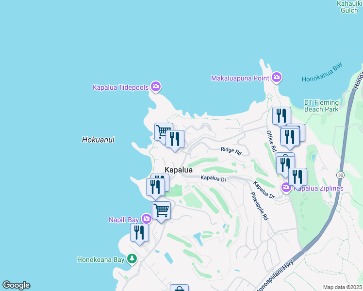 map of restaurants, bars, coffee shops, grocery stores, and more near 1 Bay Drive in Lahaina