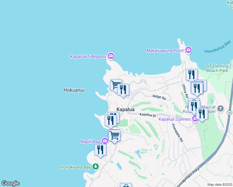 map of restaurants, bars, coffee shops, grocery stores, and more near 1 Bay Drive in Lahaina