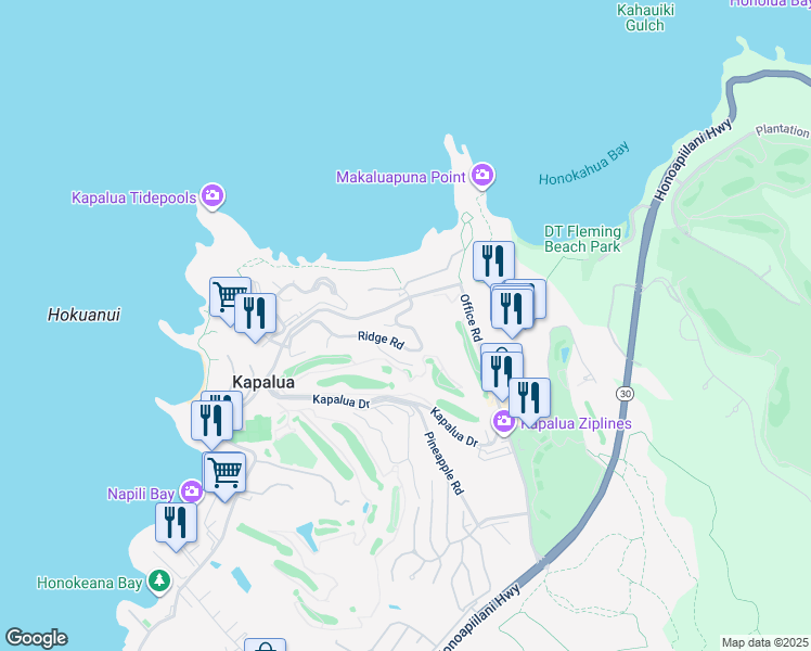 map of restaurants, bars, coffee shops, grocery stores, and more near 100 Ridge Road in Lahaina